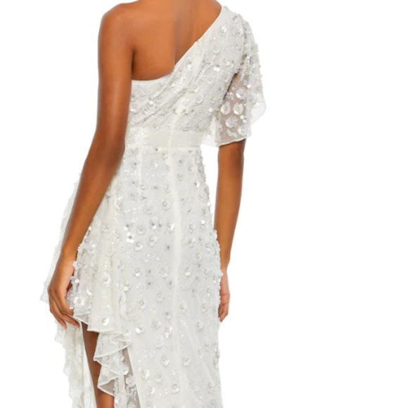 MAC DUGGAL 93687 ONE SHOULDER ASYMMETRICAL RUFFLE WHITE GOWN sz 16 - Picture 2 of 6